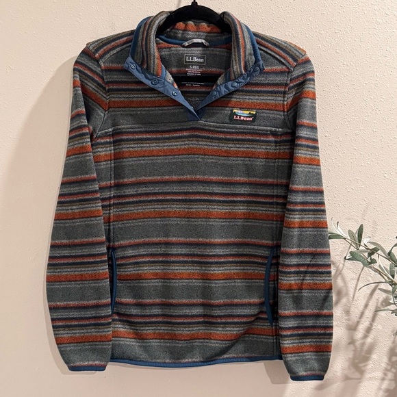 LL Bean Women's Small Striped Snap T Fleece Pullover Sweater Jacket Comfy Warm - Picture 1 of 7